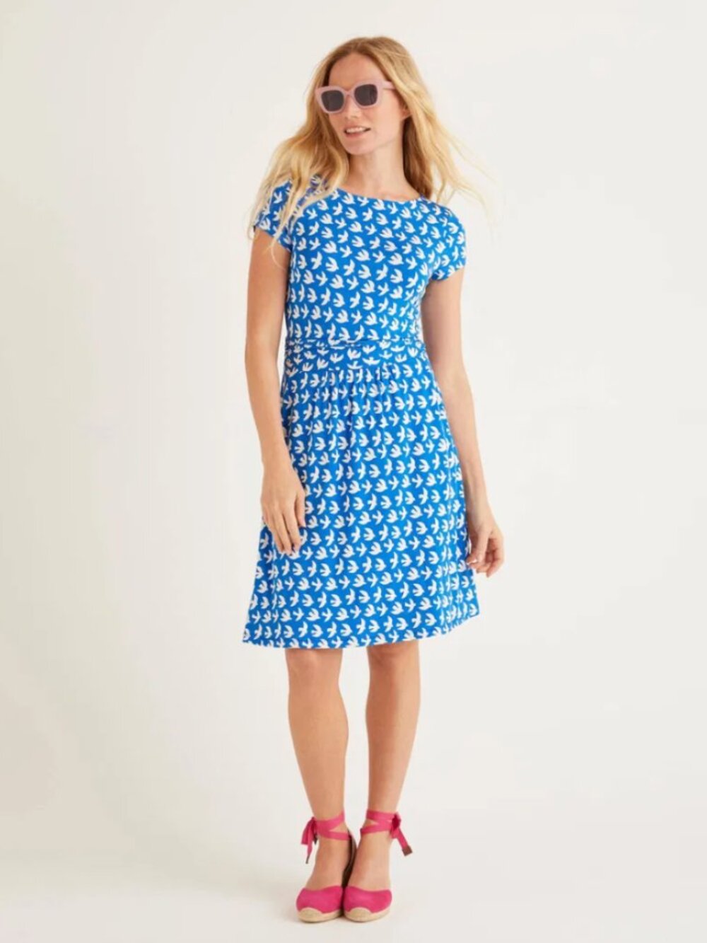 Boden Short Sleeve Bird Print Amelie Jersey Dress in Blue/White Size 10 Regular
